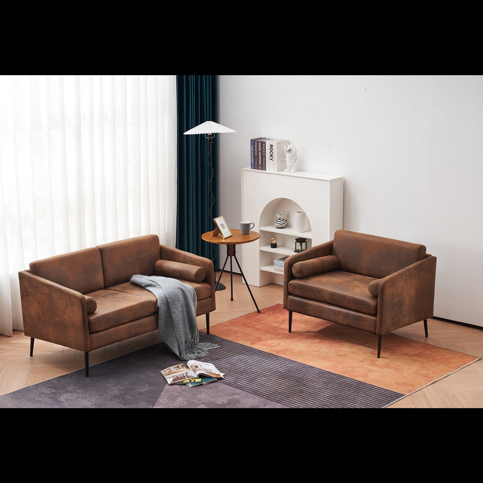 1.5 Seats Hot Stamping Cloth Surrounding Chair With Pillow Indoor Circle Chair Dark Brown, 97*71*74cm