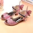 thumbnail image 4 of Xfvqtps New Kids Girls Dress Shoes Chunky Low Heels Ankle Buckle Peep Toe Sequins Butterfly Rhinestone Star Moon Pendant Glitter Ballet Performance Wedding Party Mary Jane Princess Shoes Pink, 4 of 7