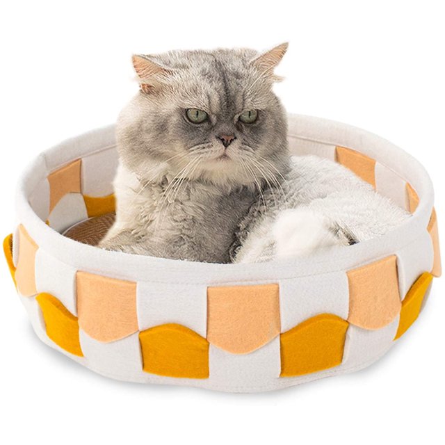Basket Bed Furniture Sofá para gatitos y mascotas, cama de fieltro trenzado de forma redonda con cojín extraíble lavable de doble cara, lado de felpa cálido (redondo amarillo) oso de fresa Electrónica