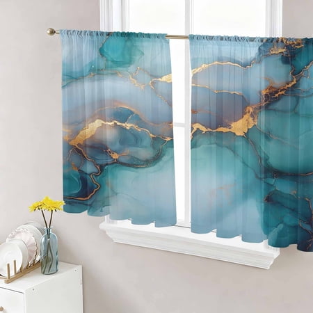 Marble Teal Yellow Semi Sheer Curtains 54 Inch Length 2 Panels Set Modern Abstract Art Ink Painting Sheer Kitchen Curtain Privacy Voile Window Curtain for Living Room Bedroom Rod Pocket Drapes