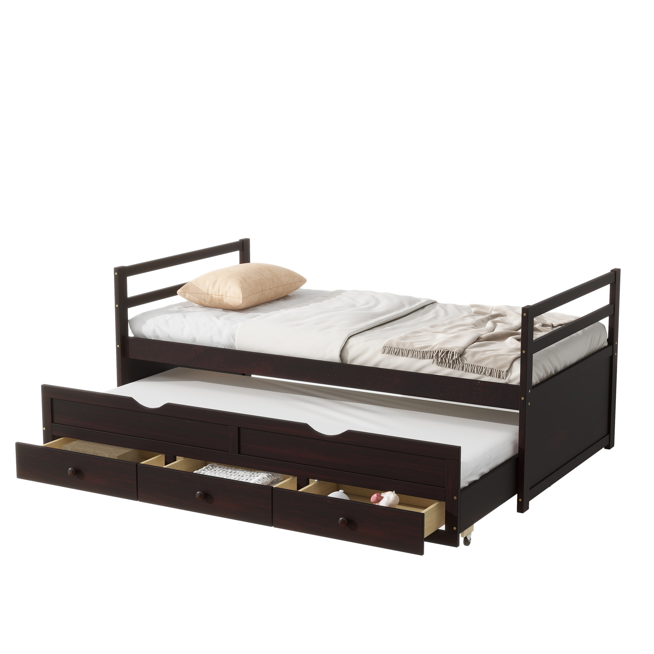 Noble House Nestin Twin Bed Frame with Trundle and Three Storage Drawers, Solid Pine Wood Frame, Espresso