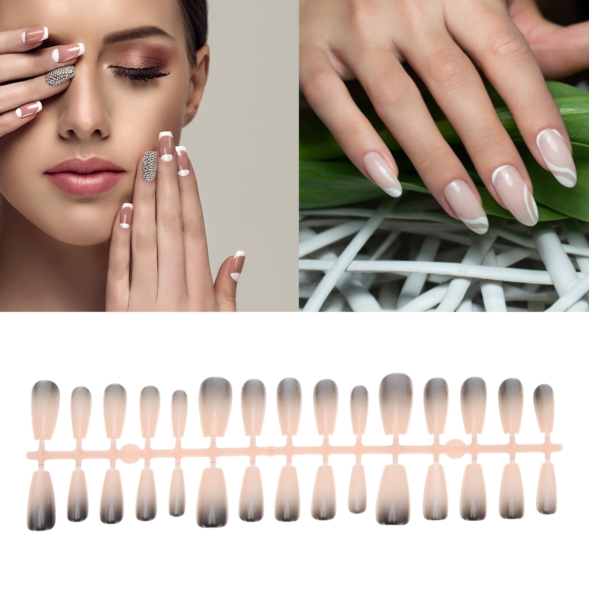 Unique Bargains Gradient Long Coffin Fake Nails Black Pink 1Set/30Pcs Black Pink Gradient