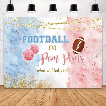 Blue Pink Gender Reveal Backdrop Football Or Pom Poms Party Decoration Photography Background Watercolor Rose Gold and Navy Blue He or She Pregnancy Reveal Surprise Party Banner