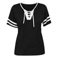 thumbnail image 3 of GZWYHT Women Lace Up V Neck Striped Short Sleeve T Shirt, Tie Dye Wash Loose Casual Baseball Stripe Tee, Soft Breathable Relaxed Fit Everyday Top Black L, 3 of 5