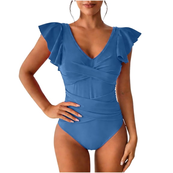 Yuanlook One Piece Swimsuit for Women Crisscross Tummy Control Bathing Suit Ruffle Sleeve Slimming High Cut Leg Swimwear - Blue - L