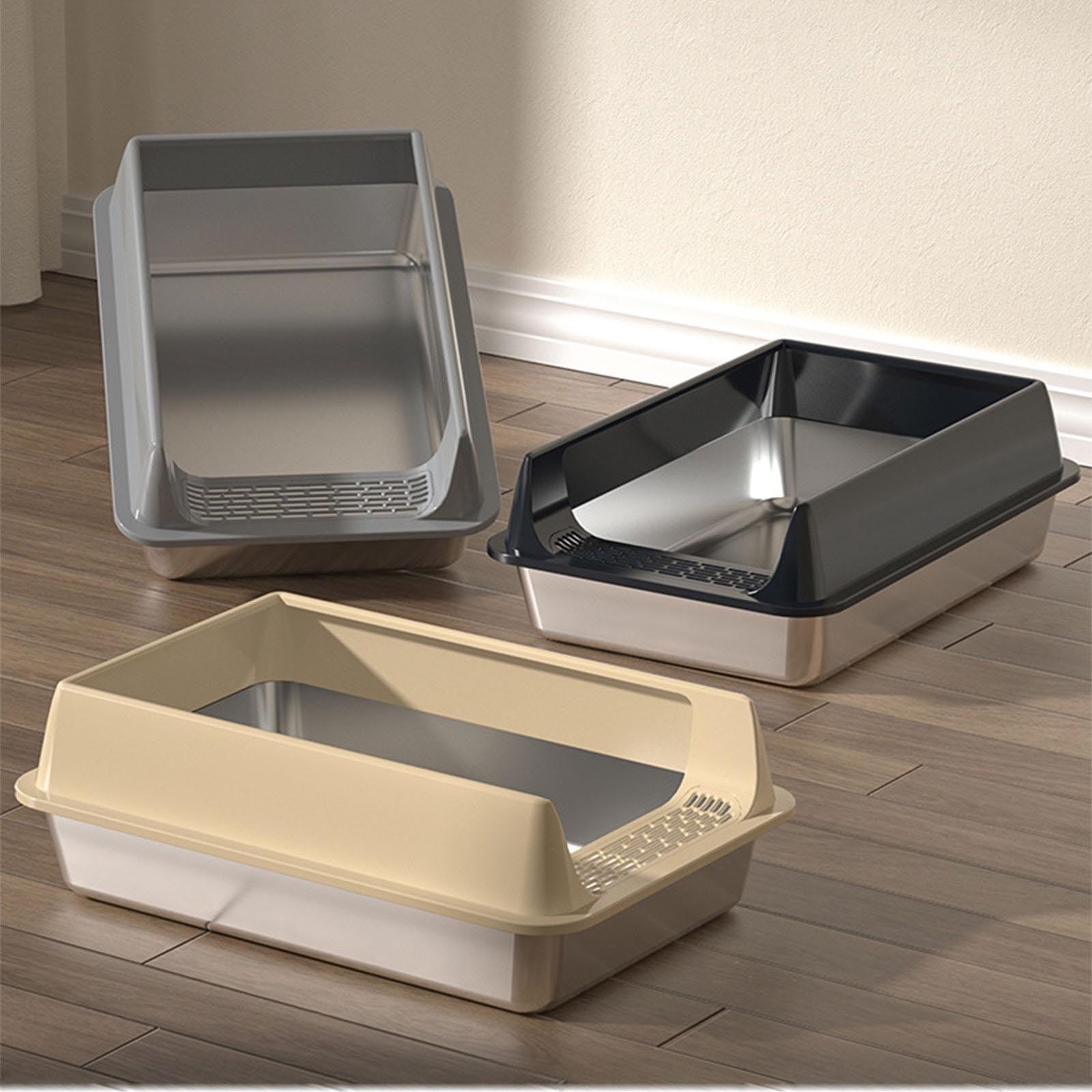 Cat Litter Tray - 15 Inch Litter Box for Easy Cleaning, Comfortable with Non Slip Function, Kitten Toilet for Cats Kittens Home Apartment Daily Indoor Use Hygiene and Training Stainless Steel Black