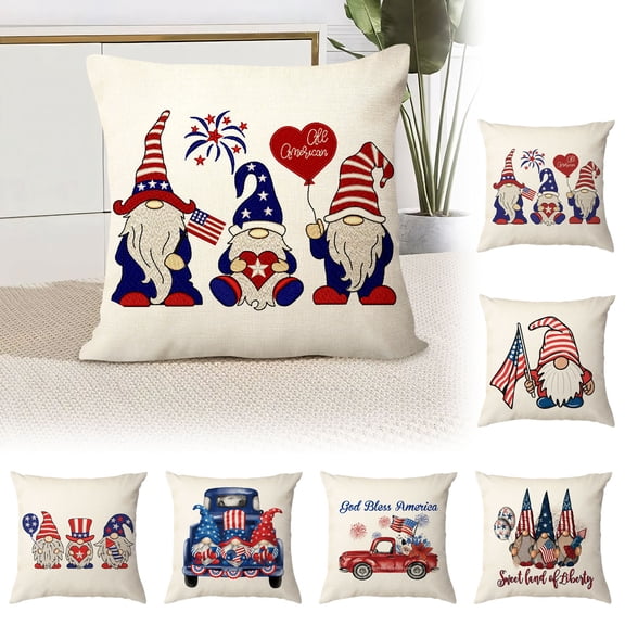 Clearance! Boovnll 4th of July Pillow Covers 18x18, Red White Blue Stars Stripe Linen Throw Pillow Covers - Patriotic Pillow Covers for Memorial Day Home Sofa Couch Decor, 4th of July Decorations
