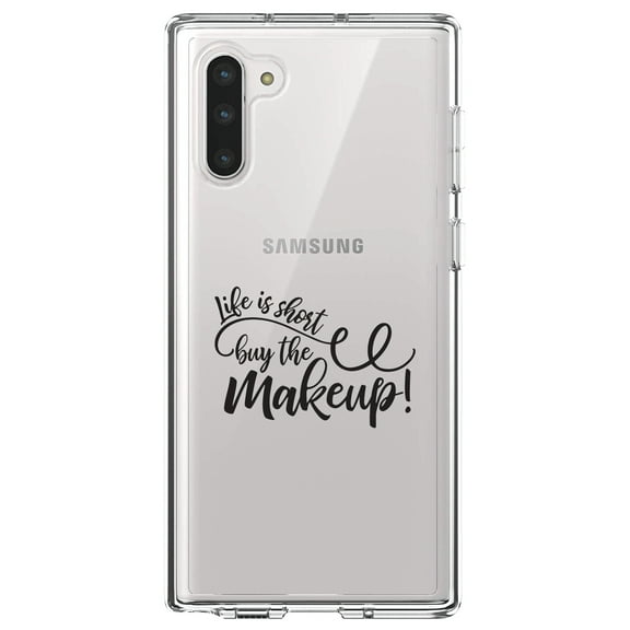 DistinctInk Clear Shockproof Hybrid Case for Samsung Galaxy Note 10 (6.3" Screen) - TPU Bumper Acrylic Back Tempered Glass Screen Protector - Life is Short, Buy the Makeup