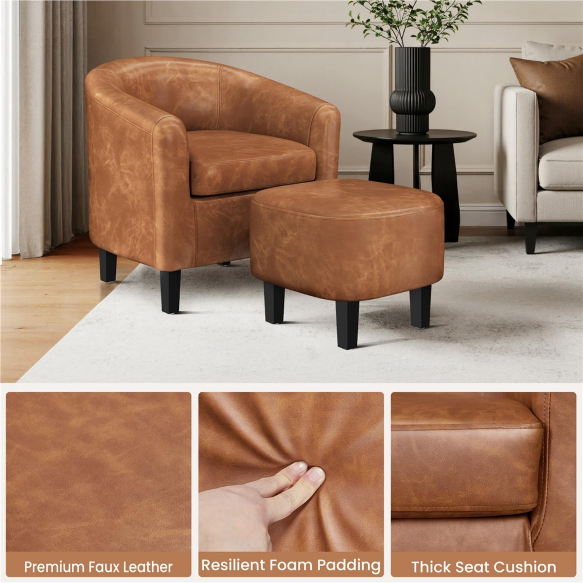 Renwick Barrel Accent Chair with Ottoman, Brown Faux Leather