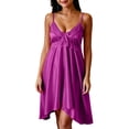 thumbnail image 2 of FDGIU Women's 2026 Summer Spaghetti Strap V‑Neck Satin Nightgown, Lace Trim Bow Front Irregular Hem Sleeveless Sleep Dress for Loungewear, 2 of 7