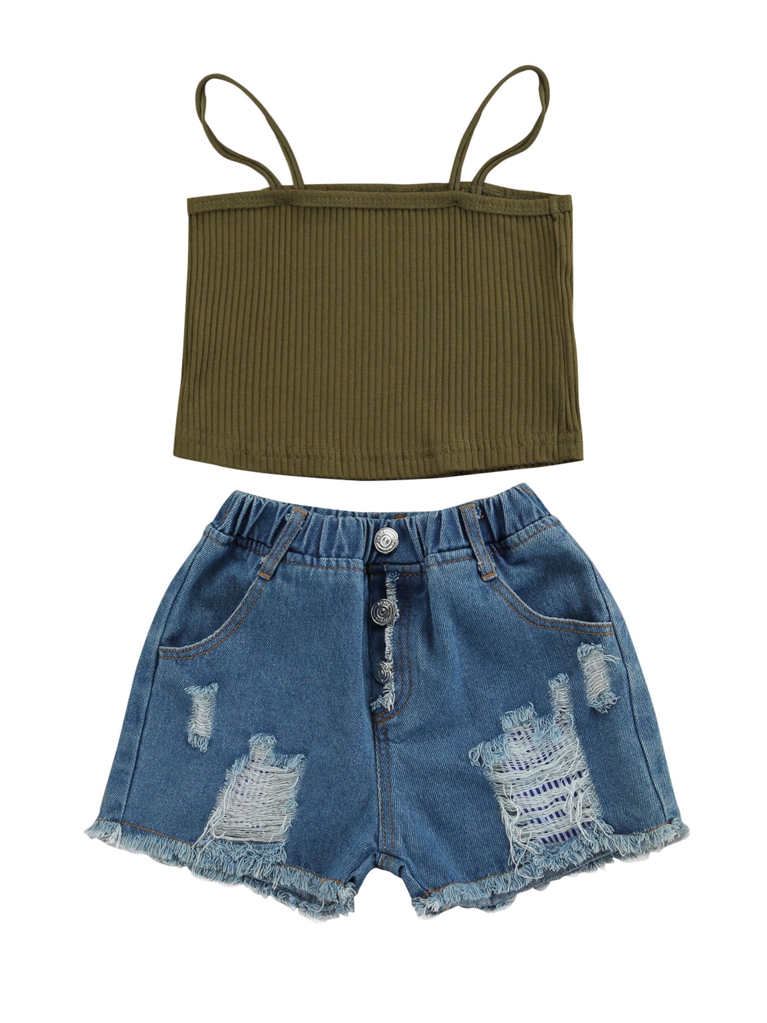 Eyiiye Girls Summer Sleeveless Rib Knit Strap Tops Denim Shorts Outfits Walmart Com Walmart Com
