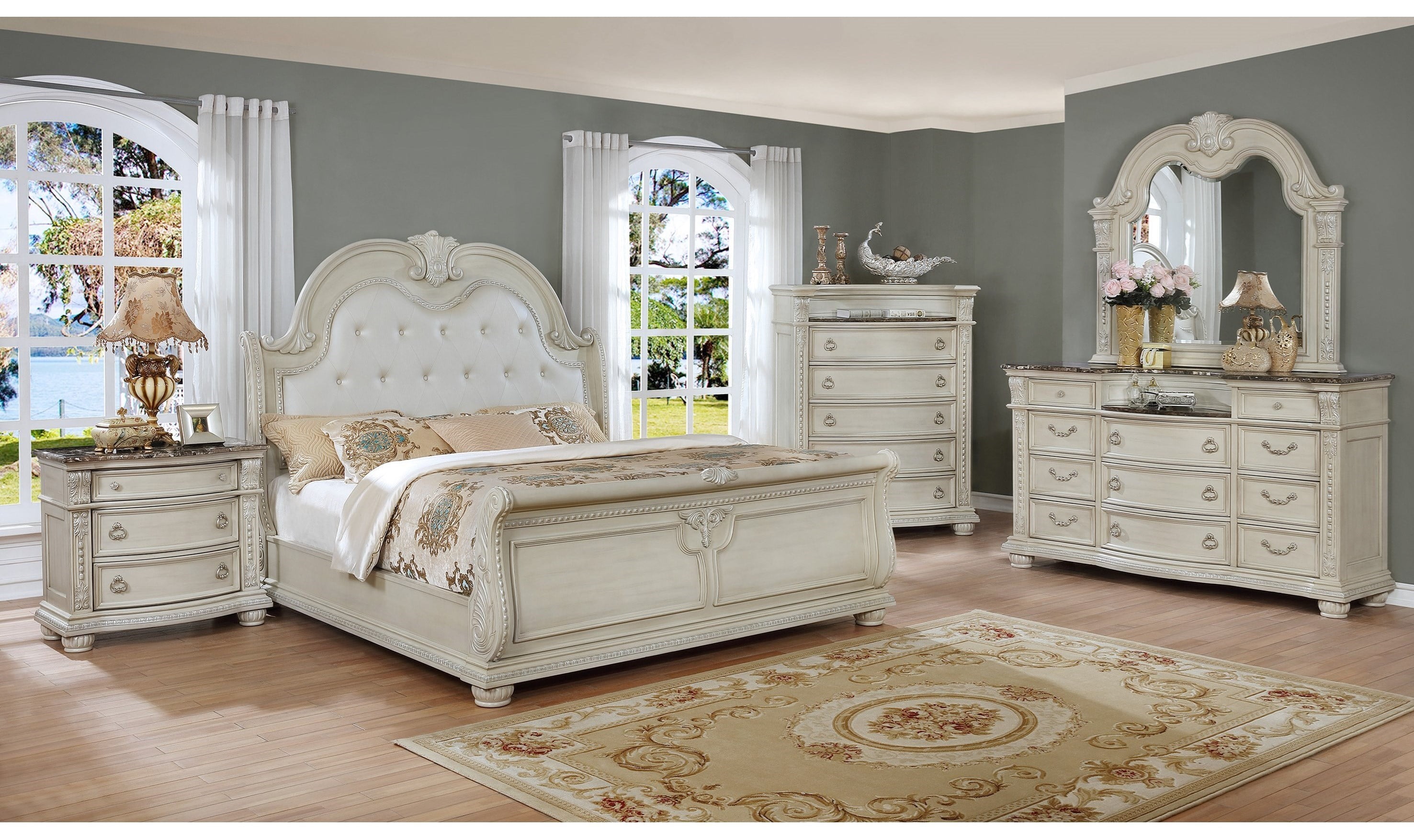 Formal Classic 6pc Set Queen Size Bed Dresser Mirror Nightstand Chest