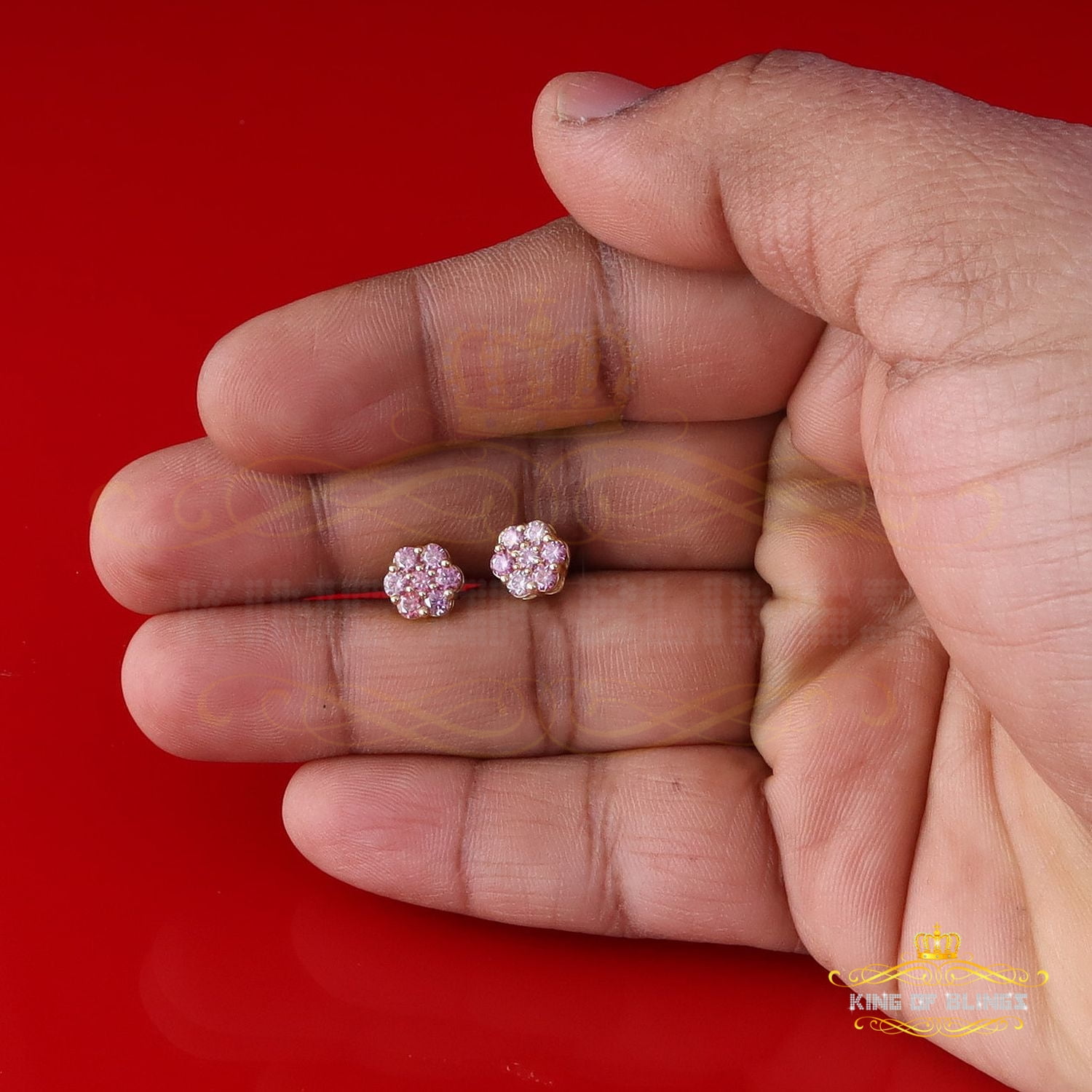 King of Bling's 925 Silver Yellow 1.00ct VVS D Pink Moissanite Floral Stud Earrings Mens/Women