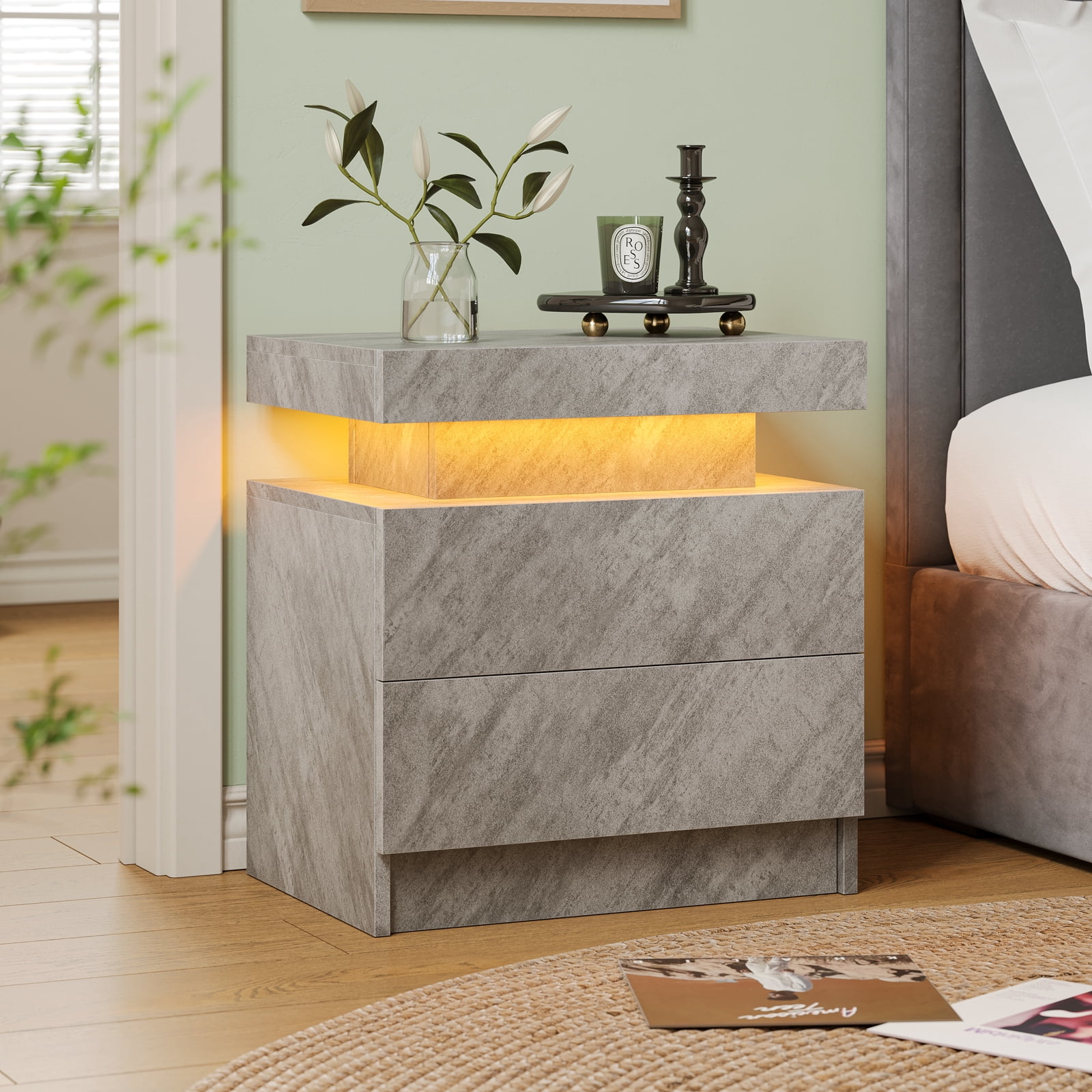 Cubehom Nightstand Set of 2 LED End Table Modern Wood Bedside Table with 2 Drawers for Adults Bedroom Room All Grey