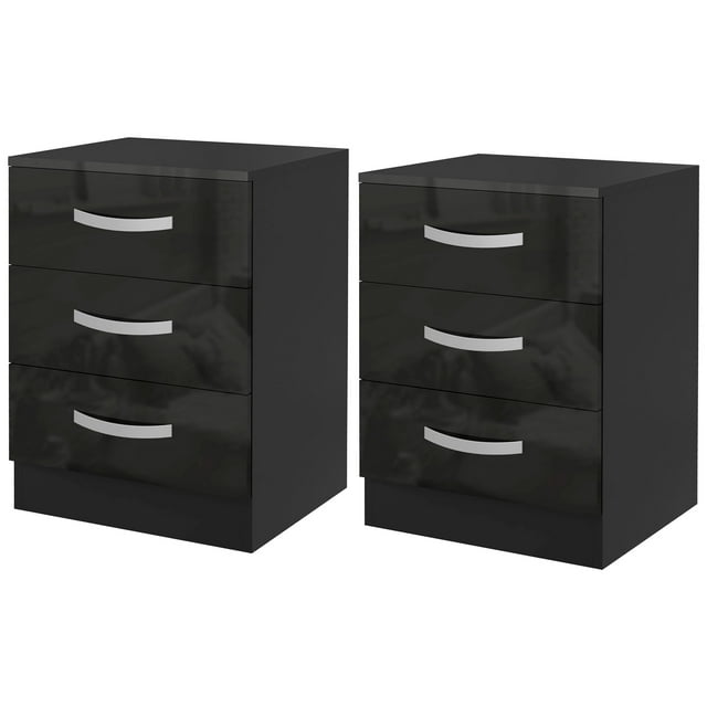 CoSoTower Bedside Table Set of 2, Modern Nightstand with Drawers and High Gloss Fronts, Night Table for Bedroom, Black