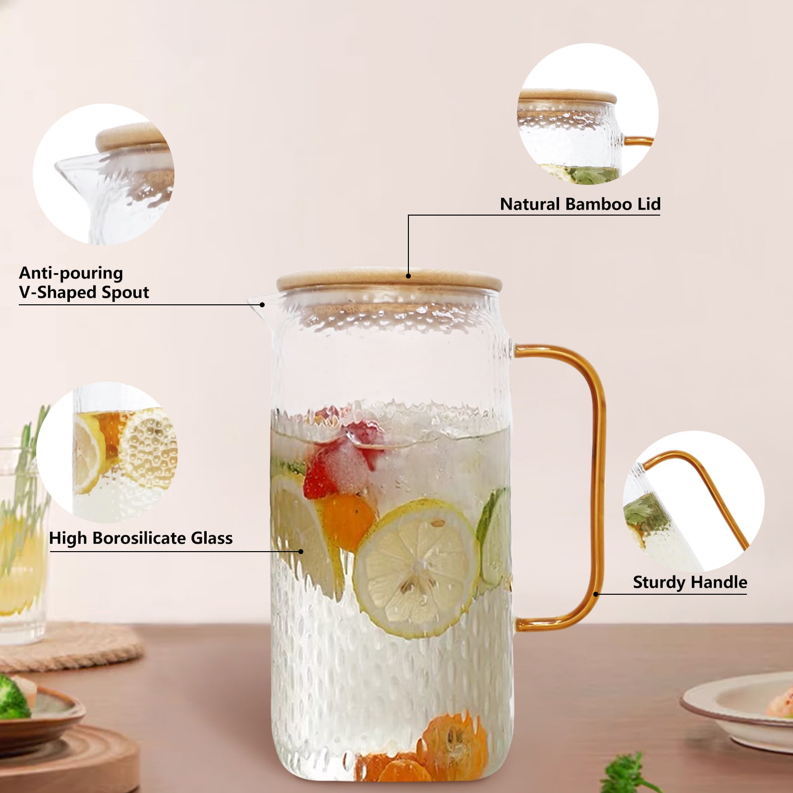 WhiteRhino 68oz Glass Pitcher with Lid,Clear Large Pitchers for Drinks Water Juice Beverage Iced Tea Brew Maker