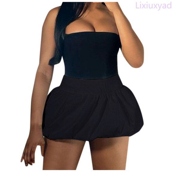 Lixiuxyad Skirt for Women Women's Solid High Waist Bubble Mini Skirt Summer Casual Sleeveless Romper,Black