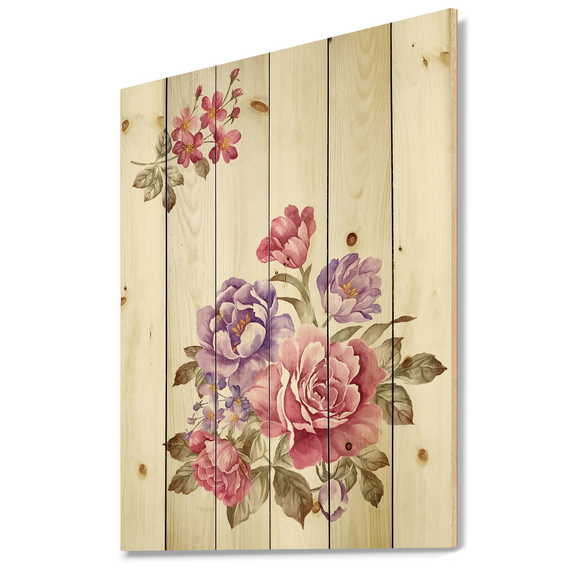 Designart 'Bouquet of Purple and Pink Flowers I' Farmhouse Print on Natural Pine Wood