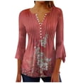 thumbnail image 1 of Pompotops Mode Femme Imprimé Bouton Décontracté Col en V Manches 3/4 T-Shirt Blouse Tops en Solde, 1 of 5
