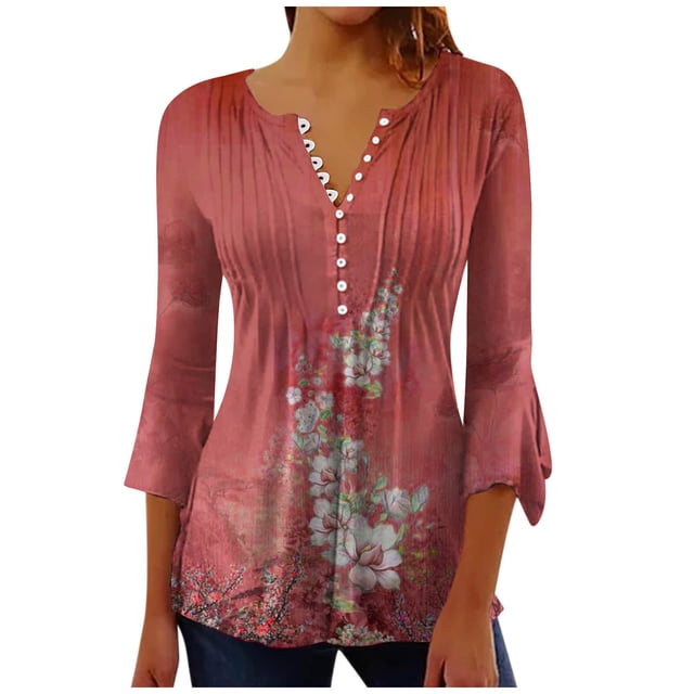Pompotops Mode Femme Imprimé Bouton Décontracté Col en V Manches 3/4 T-Shirt Blouse Tops en Solde