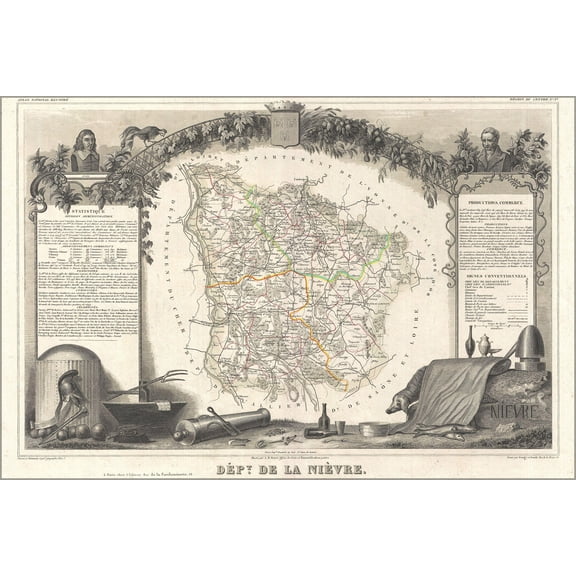 24"x36" Gallery Poster, 1852 Levasseur Map of the Department De La Nievre, France (Burgundy or Bourgogne Wine Region)