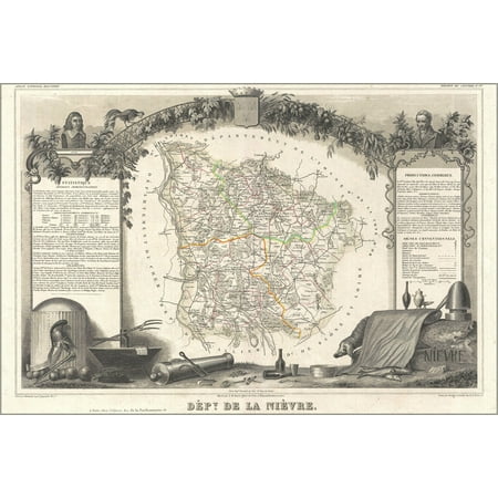 24"x36" Gallery Poster, 1852 Levasseur Map of the Department De La Nievre, France (Burgundy or Bourgogne Wine Region)