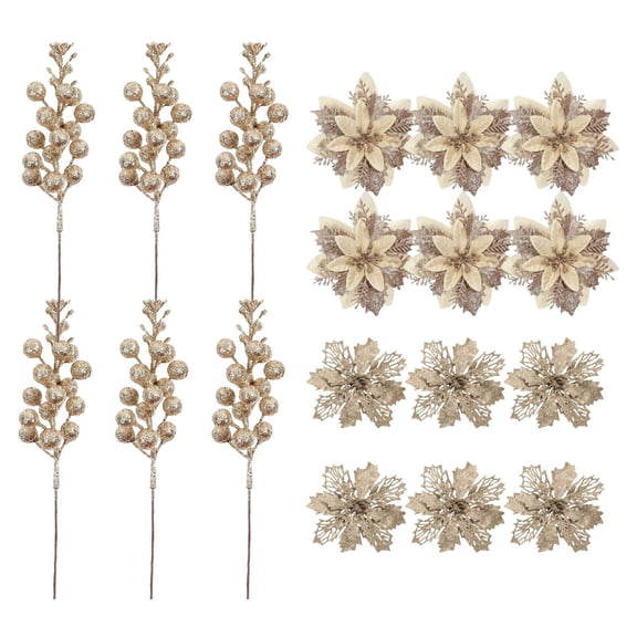WMGHA 18 Pcs 3 Styles Christmas Glitter Poinsettia Flowers Artificial Berry Picks Christmas Tree Ornaments Artificial Christmas Flowers with Clips for Xmas Wedding Wreath Floral Decorations