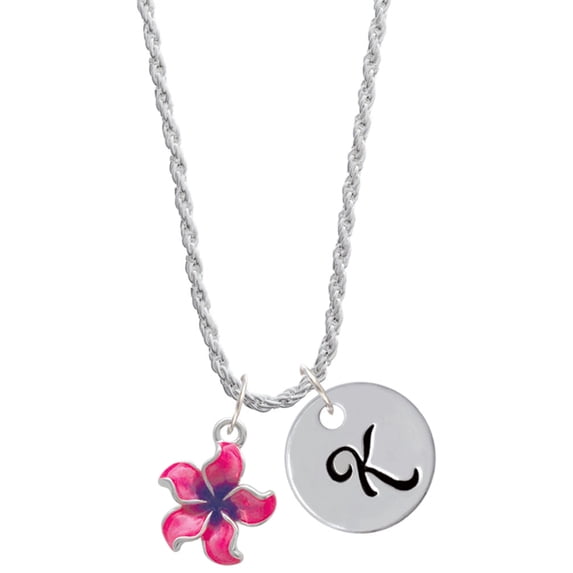 Delight Jewelry Silvertone Hot Pink and Purple Plumeria Flower Silvertone Script Initial Disc - K - Charm Necklace, 20"+3"