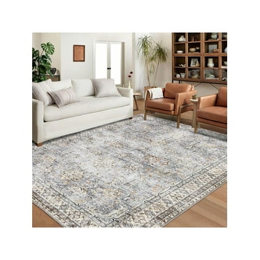 Blue 9x12 FT Boho Foldable Vintage Printed Indoor Machine Washable Area Rug With Non Slip Backing, Soft Stain Resistant Easy To Clean Ultra Thin Non Shedding Design Pet Friendly Bordered Floor Coveri
