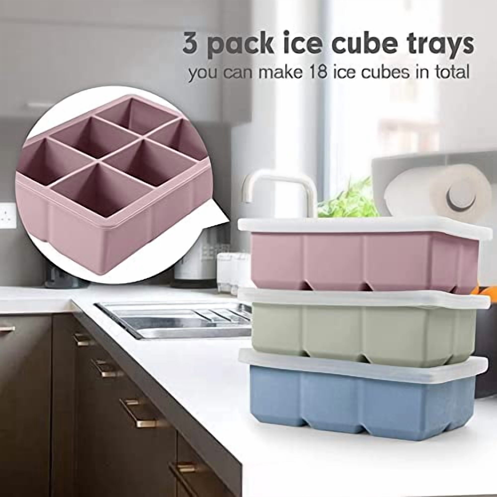 3-Pack Large Silicone Ice Cube Molds with Leak-Proof Lids, BPA-Free Flexible Stackable Square Trays for Cocktails, Whiskey, and Drinks