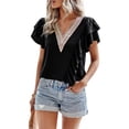 thumbnail image 3 of Liacowi Women Short Sleeve T-Shirts Summer Casual Contrast Color Ruffle V Neck Basic Tops Streetwear, 3 of 7