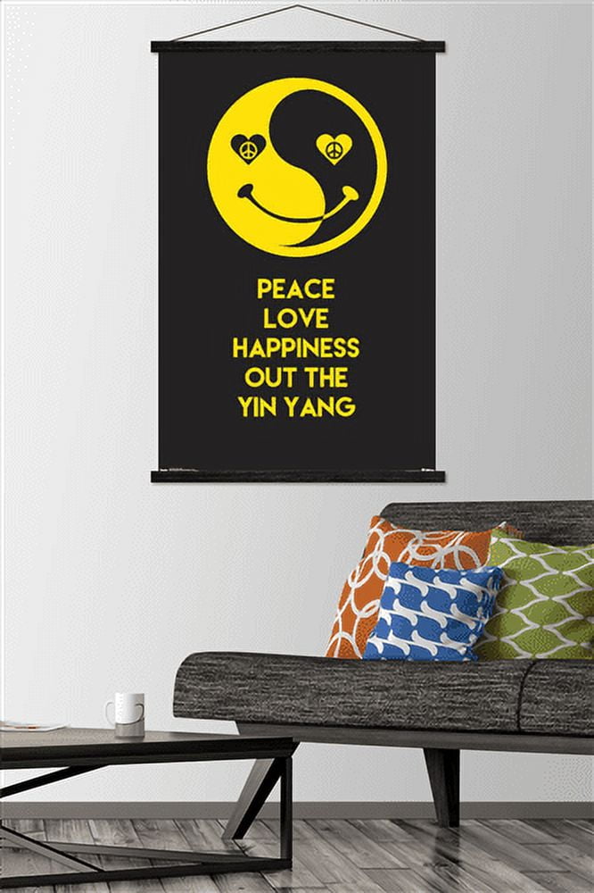 Peace Love Happy Wall Poster with Wooden Magnetic Frame, 22.375" x 34"