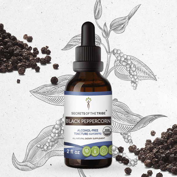 Secrets Of The Tribe Black Peppercorn Organic Dietary Supplement Natural Herbal Tincture for Digestive Support, Certified Organic Black Peppercorn (Piper nigrum) Dried Fruit Alcohol-Free Extract 2 oz