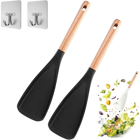 2-Pack Silicone Cooking Spoon With Wooden Handle, Heat-Resistant, Ergonomic Grip, For Stirring Mixing and Serving, With Hooks
