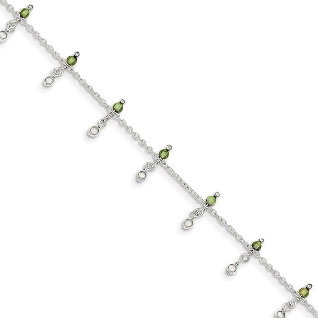 Sterling Silver Peridot Bead Ankle Bracelet (Weight: 3.33 Grams, Length: 9 Inches)