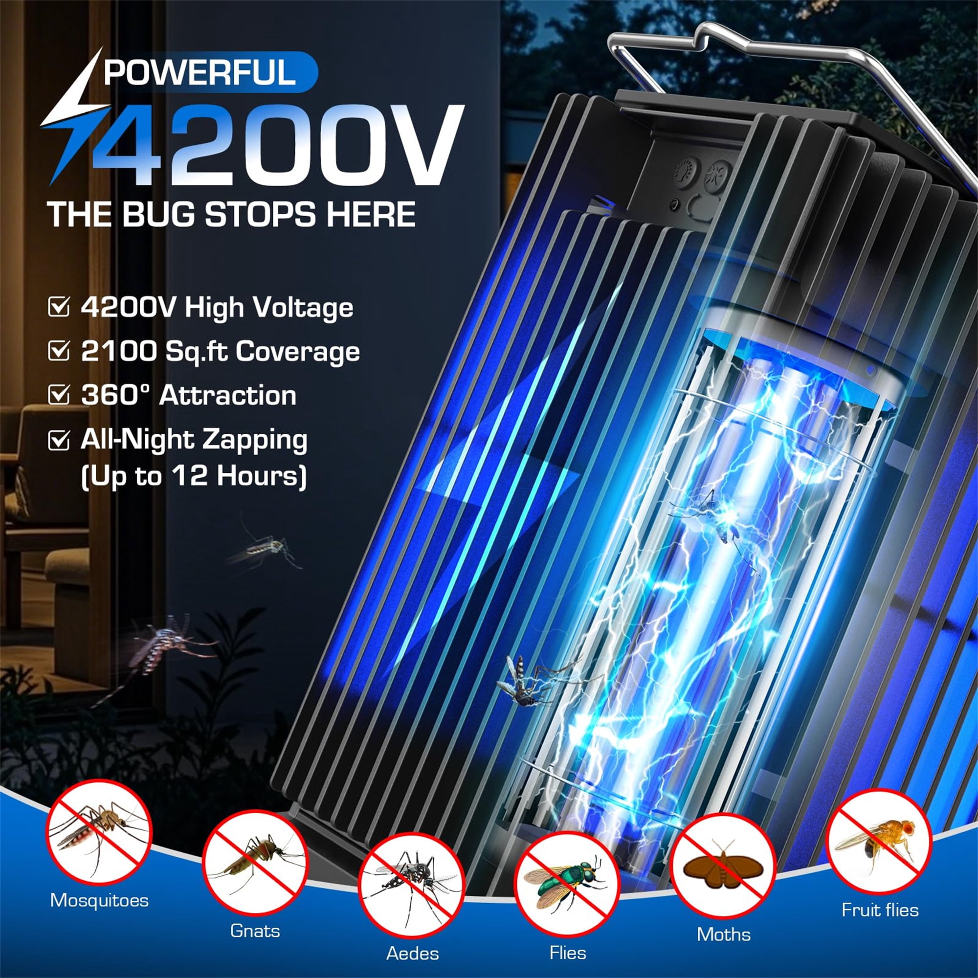 Rossetta Solar Bug Zapper Outdoor, Waterproof Mosquito Zapper 5000mAh Rechargeable Type-C&Solar Powered Fly Zapper for Patio Backyard Camping