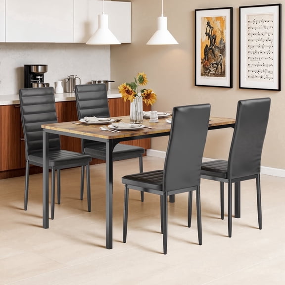 Asofer Dining Table Set for 4, Wood Dining Table with 4 PU Leather Chair for Home and Kitchen, Retro