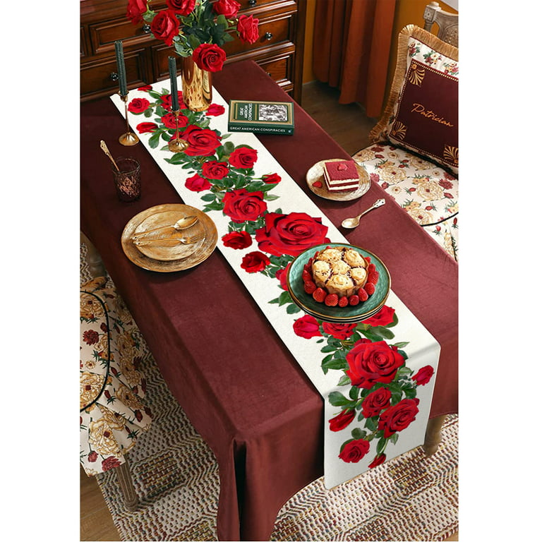Valentines Table Runner Linen Red Rose Tablecloths Holiday Farmhouse Style  for Valentines Day Table Decor, 13x70 in 