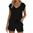 thumbnail image 2 of Viluyesy V-Neck T-Shirt and Shorts Set for Womens Solid Color Tops Elastic Waist Short Pants Comfortable Shirt and Shorts Sets Two PC Black Size M, 2 of 9