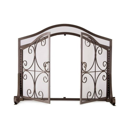Small Crest Fireplace Fire Screen with Doors, Copper