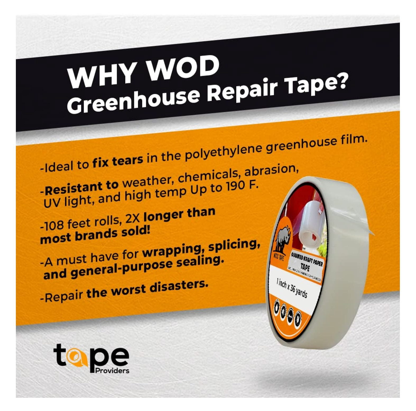 WOD GHT5A Greenhouse Repair Tape, Black - 3 inch x 108 ft. Strong Weatherseal Polyethylene Film Tape, Long Term UV Exposure for Sealing & Seaming used in boating and RV industry