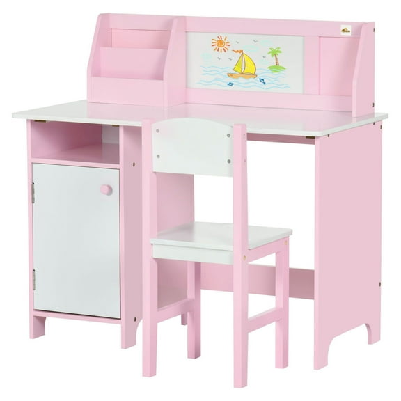 Toddler Table and Chair Set with Whiteboard, Kids Desk Homework Table with Storage, Pink - for Ages 5-8