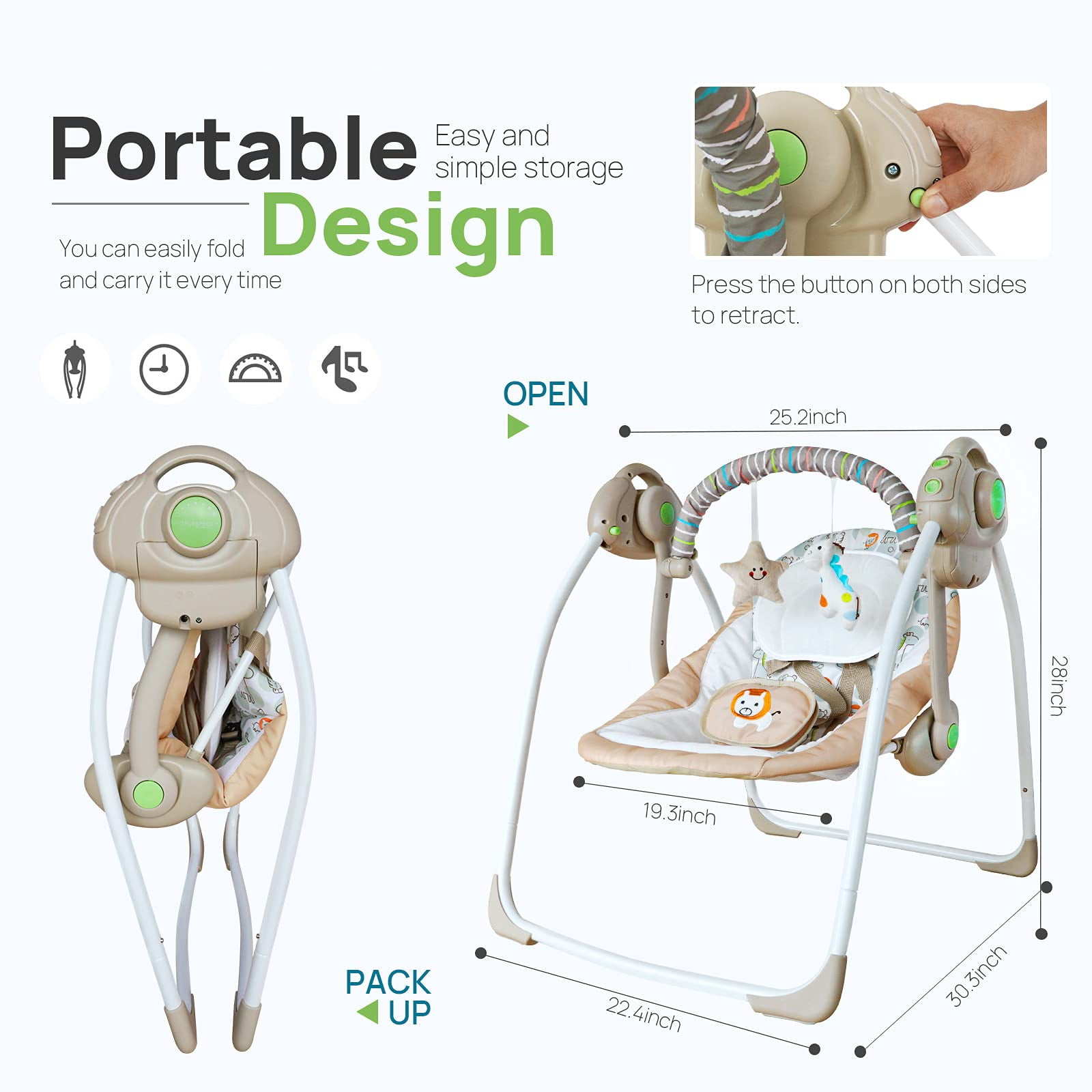 Vikua Electric Baby Swing for Infants 0-9 Months,Portable Foldable Infant Swing with 6 Speeds & Soothing Music,Baby Swing for Newborns,Khaki