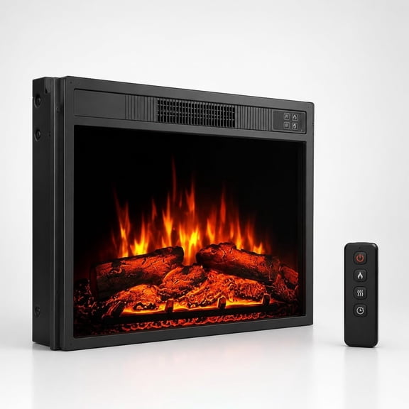 23 Inch Compact Recessed Electric Fireplace Insert, Built‑In 1500W 120V Heater for In‑Wall Installation, 3 Flame & Ember Brightness Levels, 0.5‑9H Timer, Remote Control, Tempered Glass