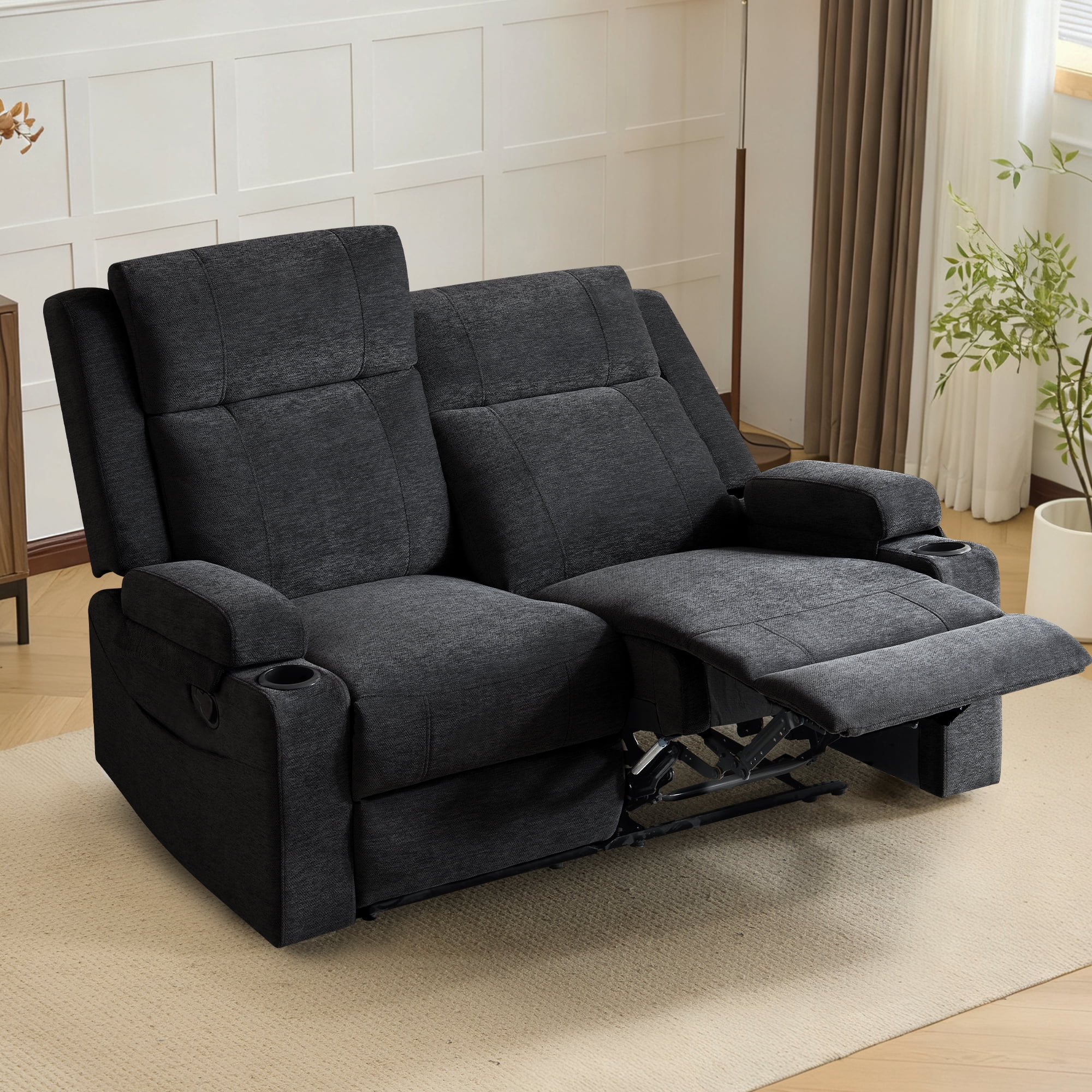 Chenille Reclining Couch, Manual Reclining Loveseat with Cup Holders, Wide Seat, Spill-Resistant Fabric, Easy Assembly, for Living Room/Apartment/RV Recliner Sofa
