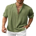 thumbnail image 1 of Men‘s Henley Shirt  Solid Color Long Sleeve Stand Collar Button-Down Loose Simple Linen Beach Tops, 1 of 6