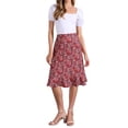 thumbnail image 1 of Faldas midi florales para mujer Inspire Chic, con volantes, cintura alta, fluida, en línea A, con abertura, longitud hasta la rodilla, XS, rojo oscuro, 1 of 6