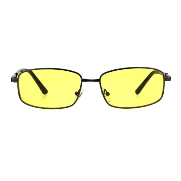 Mens Narrow Rectangular Metal Rim Retro 90s Sunglasses Gunmetal Yellow