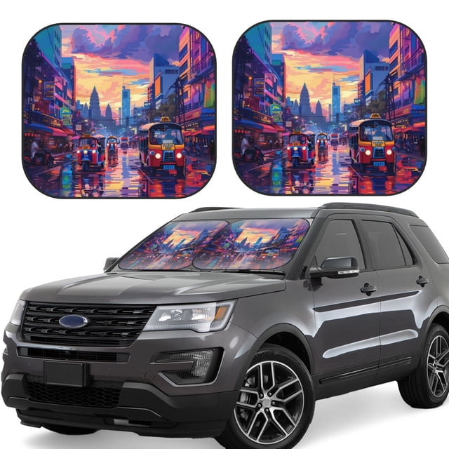 Vsdgher Taxi Colorful Town Print Car Windshield Sun Shade, Reflective Sunshade Window Sunshade Sun Visor Protector Fit for Cars,Trucks,SUVs-Large