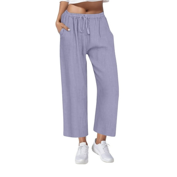 Kaemgyyd Cotton Linen Pants for Women Flowy Wide Leg High Waist Casual Trousers Drawstring Soft Cropped Beach Pants with Pockets